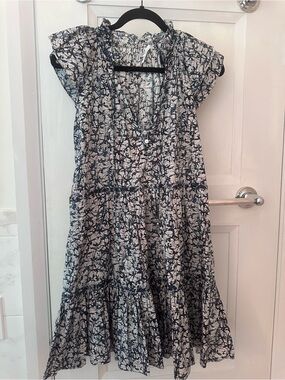 Veronica Beard White Dress with Navy and Teal Abstract Print